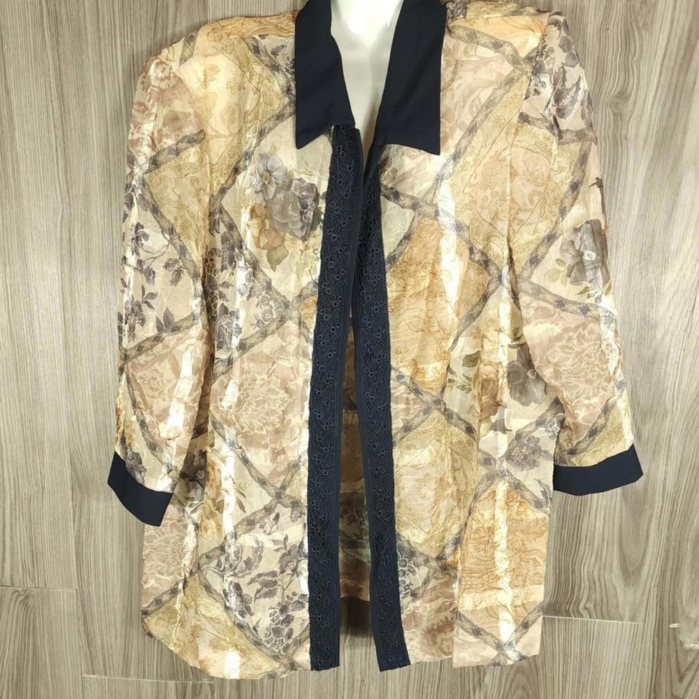 R&M Richards Womens Size 18 Floral Diamond Print Lace Trim Open Front Duster‎